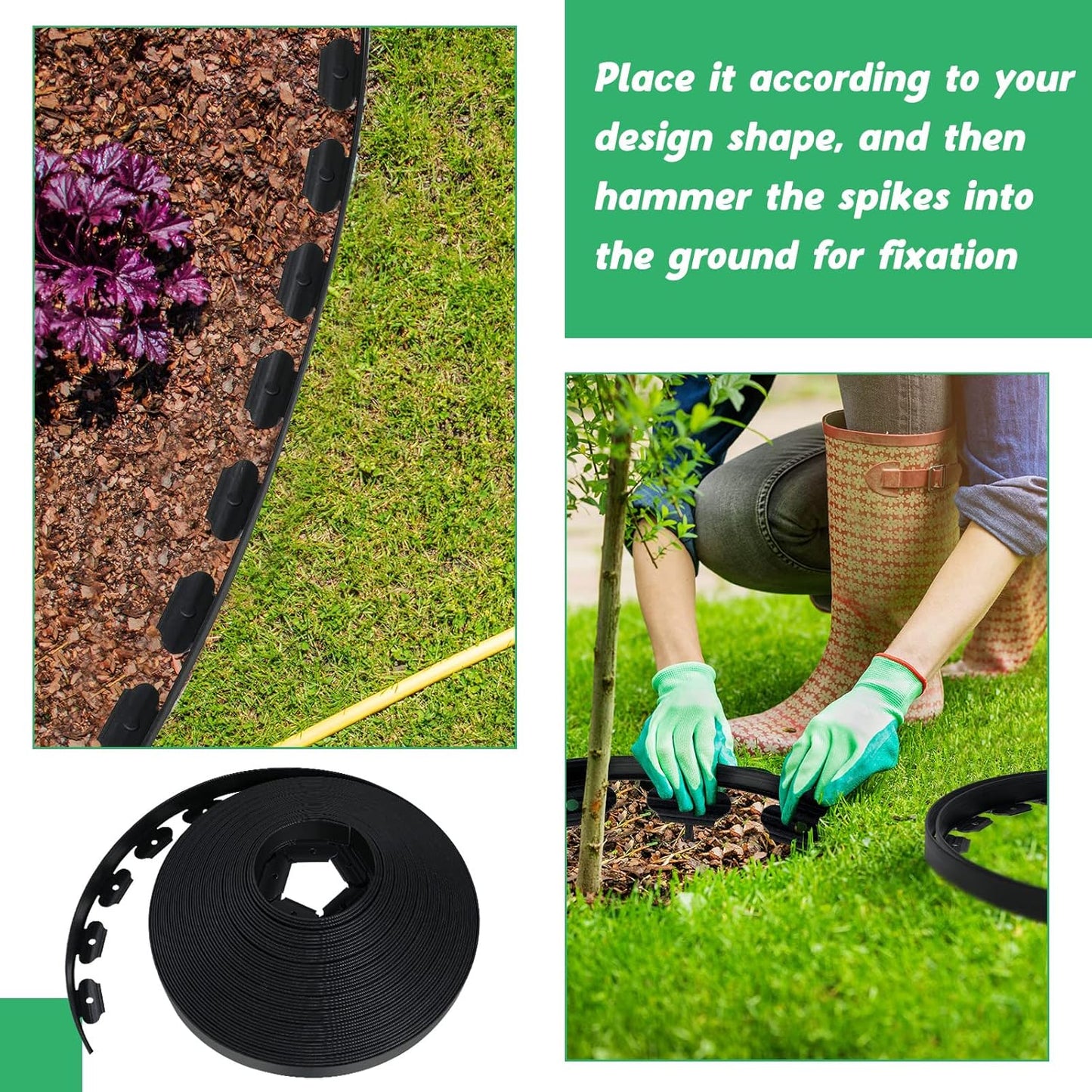 Queekay Landscape Edging Kit 148 ft with 70 Spikes 20 Connectors Plastic Border for Garden, Lawn, Yard, Pathway(Black,2 Inch)