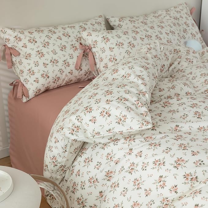 LifeTB Blush Pink Floral Comforter Set Twin XL Vintage Garden Flower Bedding Comforter Girls Botanical Comforter with 2 Bow Ties Pillowcases Fluffy Cottagecore Comforter Set for All Seasons