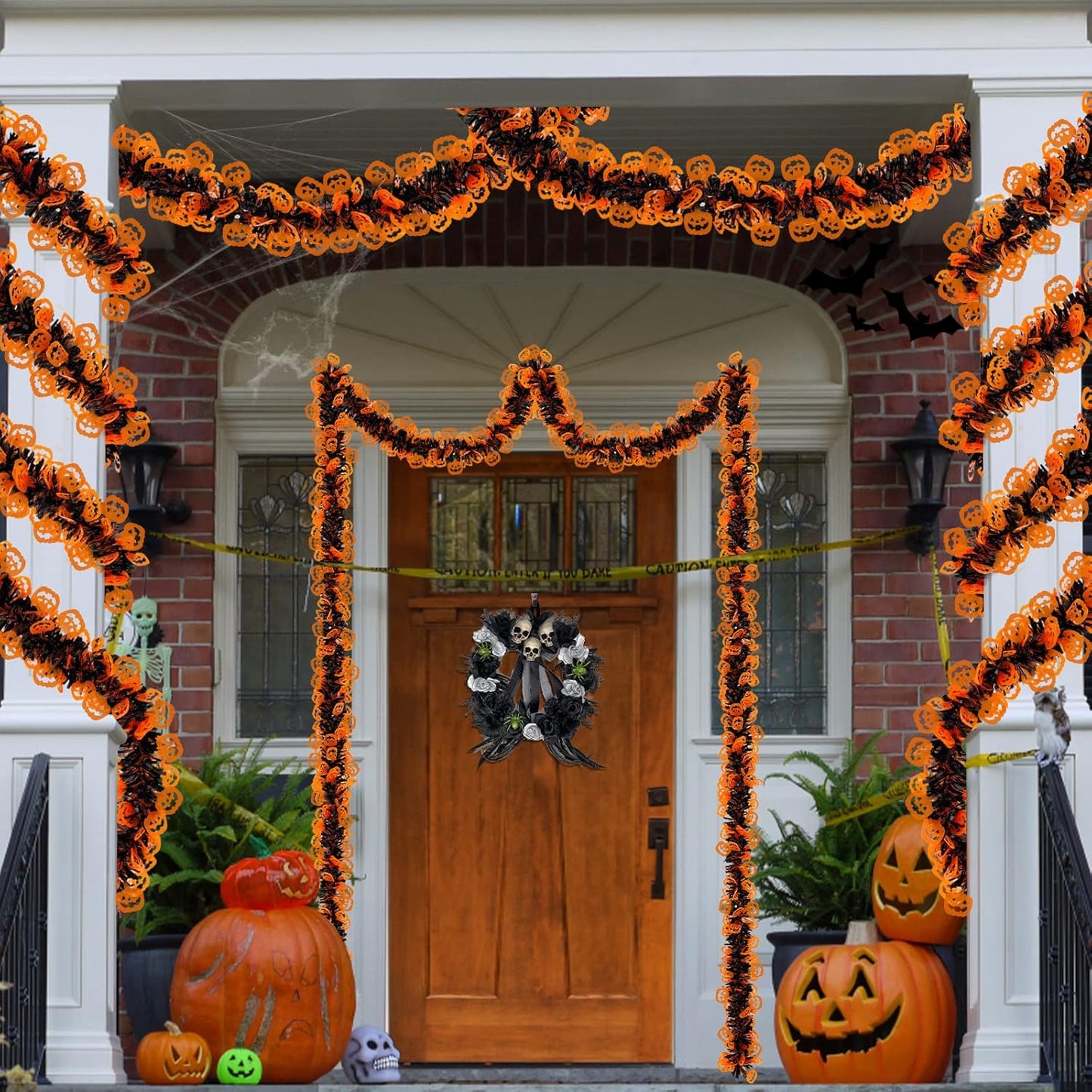 TURNMEON 2 Pack Halloween Garland Total 66 Ft Halloween Tinsel Garland with Black Orange Pumpkin Metallic Twist Black Tinsel Garlands Outdoor Halloweens Decorations Indoor for Home Mantle Door Tree