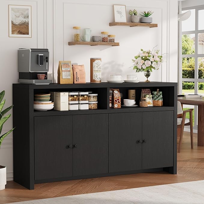 IDEALHOUSE Buffet Sideboard Cabinet with Storage, 55" Large Farmhouse Kitchen Storage Cabinet with 4 Doors & Adjustable Shelves, Wood Coffee Bar Cabinet for Kitchen, Dining Room, Living Room