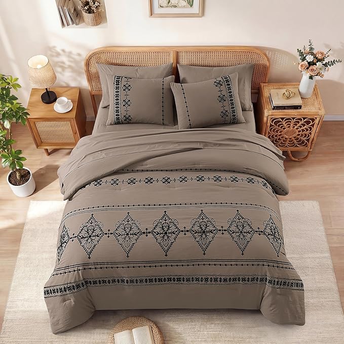 MaiRêve King Size Comforter Set Taupe Grey, Embroidery Floral Western Boho Bedding Set, All Season 7 Pieces Bed in a Bag with Sheets, Pillowcases & Shams