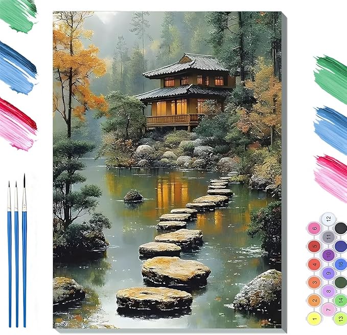 Paint by Numbers Kit for Adults Framed, Japanese Tea House with Stepping Stones, DIY Oil Painting, Pre-Printed Canvas Wall Art Home Decor Gift, 16x20inch Framed, 24 Colors