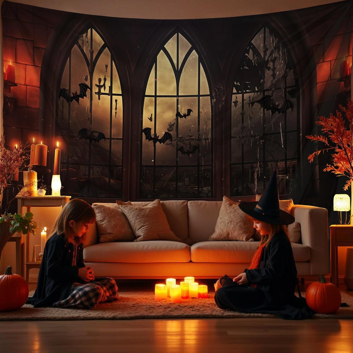 QGHOT Halloween Tapestry Wall Hanging Horror Castle Window Tapestry Gothic Spooky Backdrop Vampire Medieval Tapestries for Bedroom Living Room Dorm Wall Art Decor (104"x78.7")