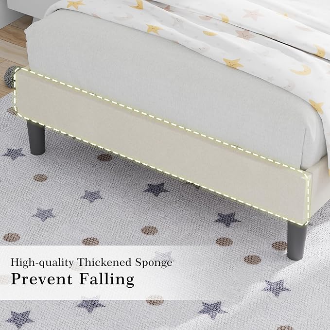 VECELO Twin Bed Frame with Upholstered Headboard, Heavy-Duty Platform Bedframe with Strong Wooden Slats Support, No Boxing Spring Needed, Pale Beige