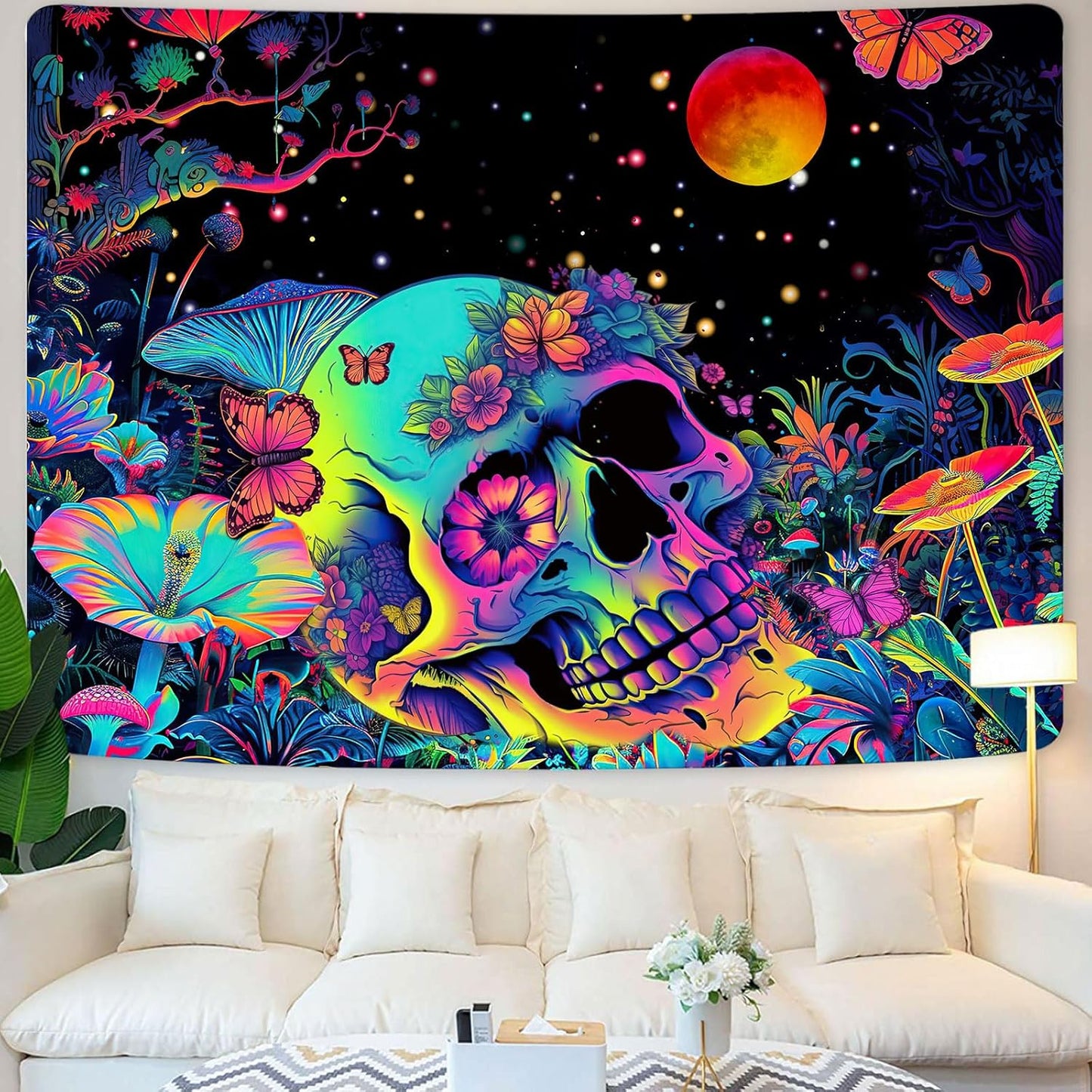 Xiaoput Blacklight Skull Skeleton Tapestry for Bedroom, Floral UV Mushroom Plants Reactive Tapestry, Glow in the Dark Black Light Poster, 90x70IN