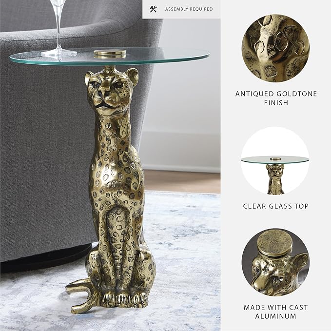 Signature Design by Ashley Vallain Industrial Glass Tabletop Accent Table with Leopard Base, Metallic & Glass