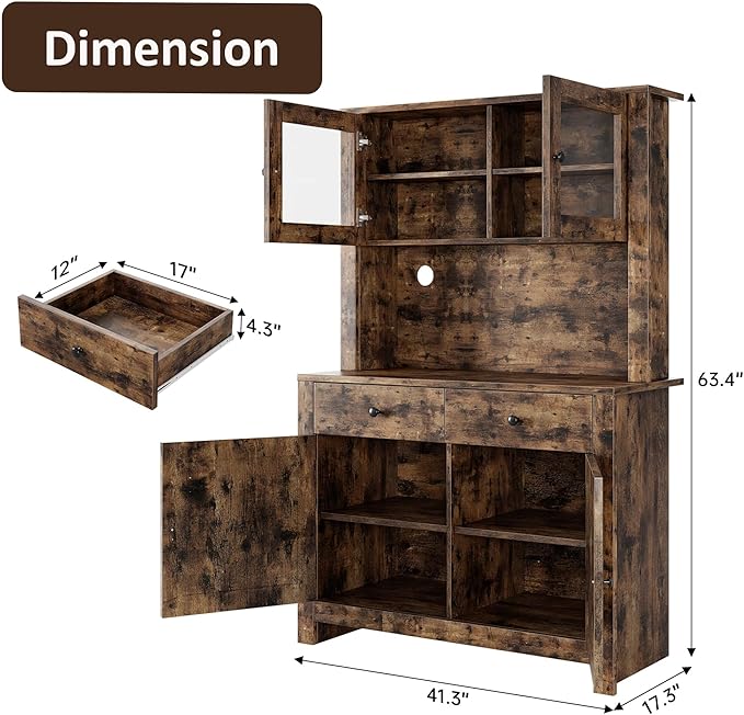 IDEALHOUSE 63" Kitchen Pantry Cabinet with Drawers, Hutch Cabinet with Storage, Microwave Stand, Adjustable Shelves, Freestanding Tall Pantry Storage for Dining Room, Living Room, Brown