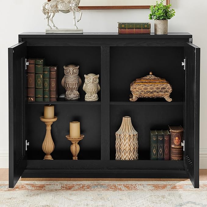 KEIKI 39" Mid Century Modern Fluted Hollowed Out Sideboard Cabinet with 2 Outlet Holes, Buffet Cabinet with Storage, Storage Cabinet for Living Room, Entryway, Hallway, Dining Room, Kitchen, Black
