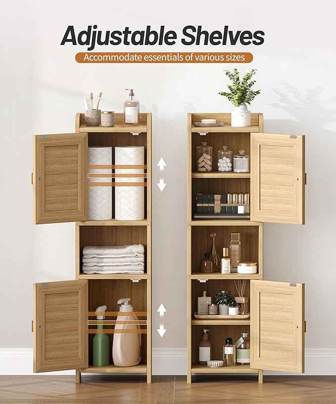 Rattan Small Bathroom Cabinet with 2 Doors, 7.9''D x 9.8''W x 34.8" H Narrow Floor Cabinet with Adjustable Shelf, Bathroom Organizer for Small Spaces, Wooden Corner Unit, Natural Oak