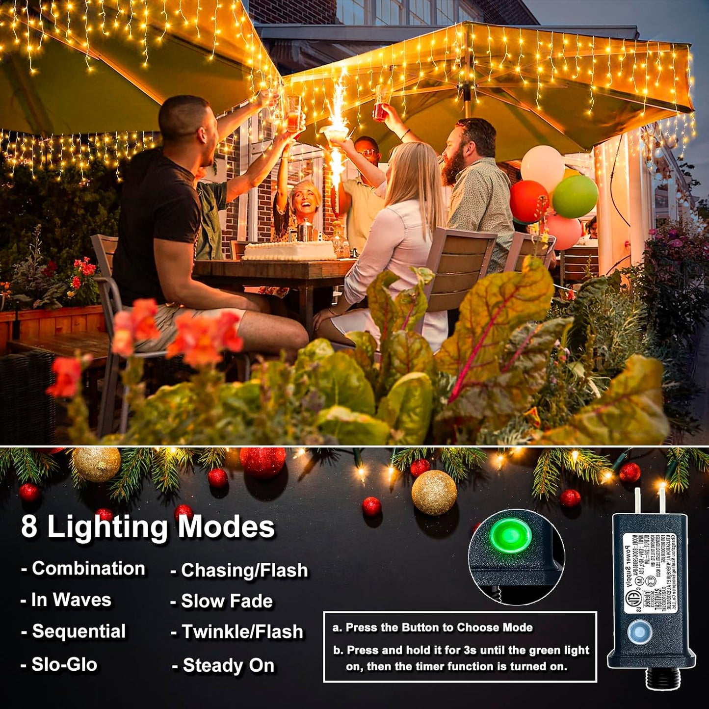 Icicle Lights for Outside, 33FT 400 LED Icicle Christmas Lights Outdoor, Waterproof & 8 Modes & Timer, Plug in Twinkle String Light for Indoor Patio Party Wedding Xmas Holiday Decorations, Warm White
