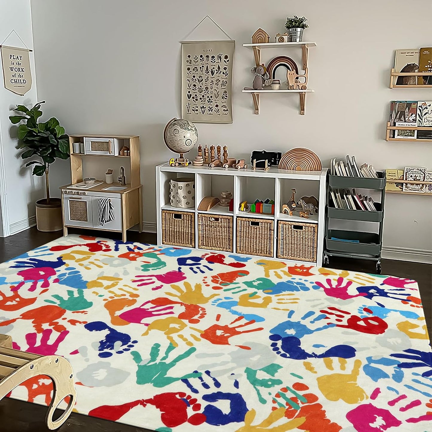 STARUIA Large Kids Rug for Playroom, 8'x10' Handprints and Footprints Colorful Rug for Classroom, Non-Slip Washable Rugs for Nursery, Soft Throw Carpet Indoor Playmat for Kids Room Dorm Bedroom