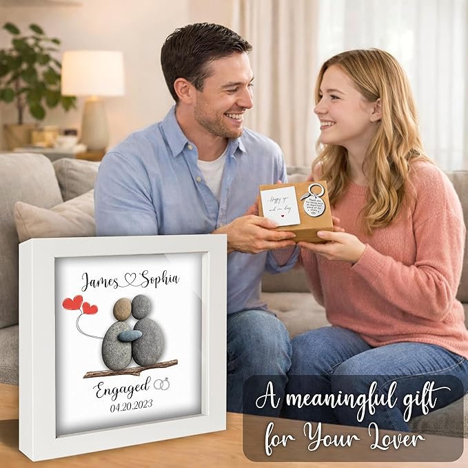 Personalized Engagement Pebble Art Frame for Couple, Custom Names and Date Engaged Sign with Keychain & Card, Newly Engaged Gift Idea, Romantic Engagement Gift Keepsake, Anniversary Couple Décor