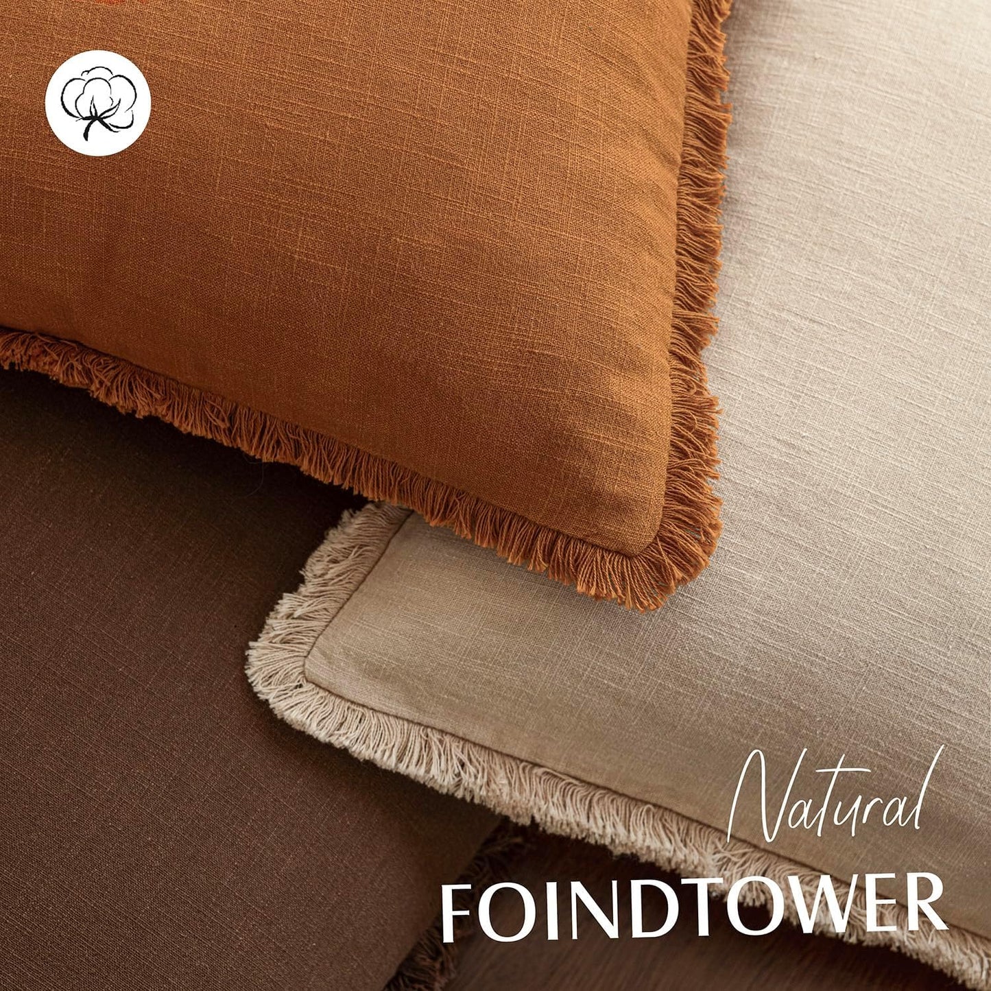 Foindtower Set of 2 Decorative Linen Fringe Throw Pillow Covers Cozy Boho Farmhouse Cushion Cover with Tassels Soft Accent Pillowcase for Couch Sofa Bed Living Room Home Decor, 18×18 Inch, Orange