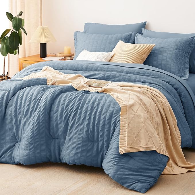 CozyLux Grayish Blue Full Size Comforter Sets with Sheets 7 Pieces, Dusty Blue Seersucker Bed in a Bag Textured Luxury Soft Bedding Set with Down Alternative Comforter, Sheets, Pillowcases & Shams