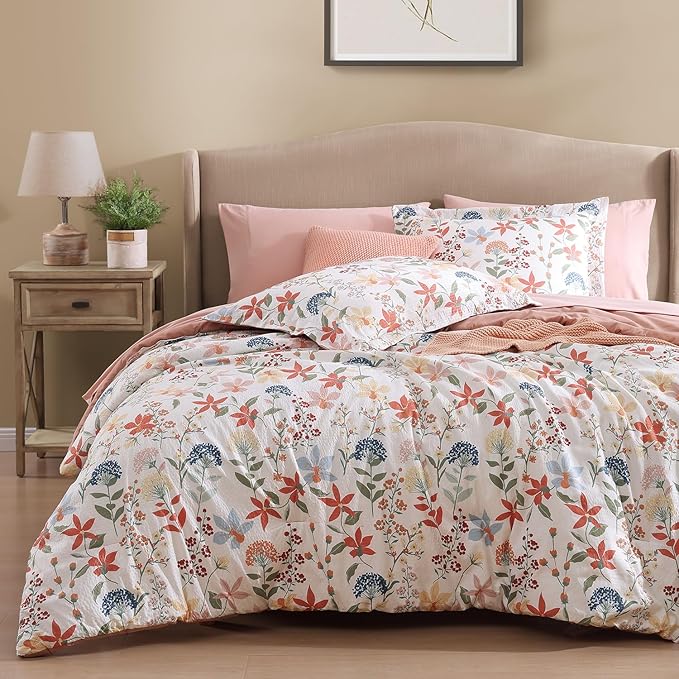 CASAAGUSTO Full Comforter Set, 7 PCS Clay Pink Floral Comforter Set with Flowers Leaves Pattern, Soft Seersucker Design All Season Full Size Bedding Set(80"X90")