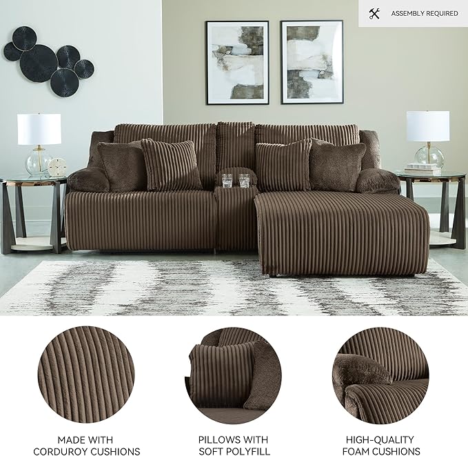 Signature Design by Ashley Top Tier Contemporary L-Shaped 3-Piece Reclining Sectional Sofa with Chaise, Console Storage and 4 Accent Pillows, Dark Brown