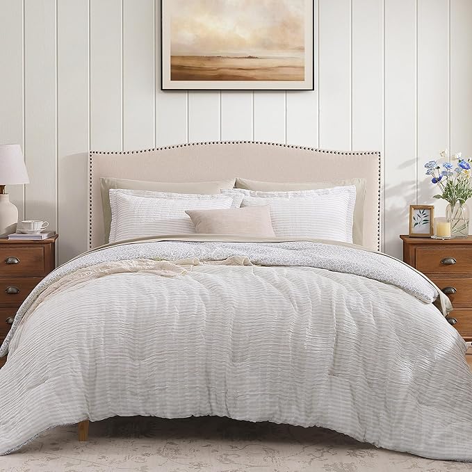 Full Comforter Set - 7 Pieces Beige Gauze Muslin Bedding Sets for All Seasons, Lightweight Breathable Bed in a Bag Full with Revesible Farmhouse Comforter, Sheets, Pillowcases & Shams