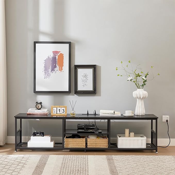 VECELO TV Stand with Power Outlets for Televisions up to 80Inch, 70" Media Entertainment Center with Charging Station 3-Tier Open Storage Shelves with Metal Frame for Living Room/Bedroom，Black