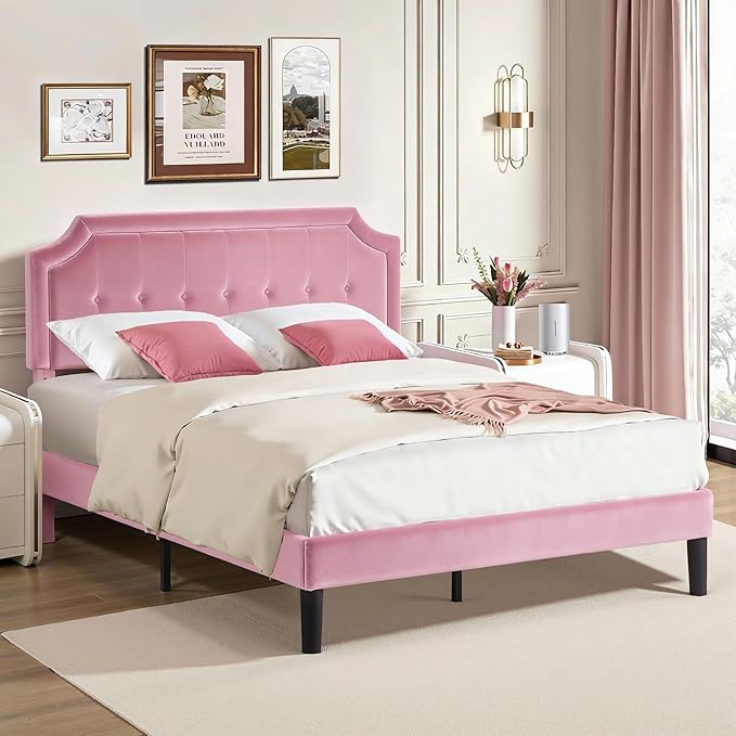 VECELO Queen Size Bed Frame with Velvet Upholstered Headboard, Platform Bedframe Mattress Foundation, Sturdy Wooden Slats Support,No Box Spring Needed Noise Free/Easy Assembly,Pink