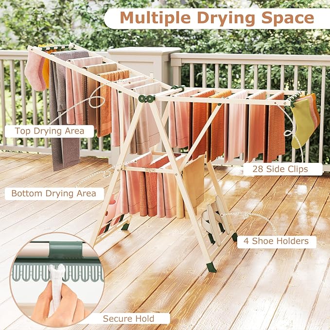 Giantex Clothes Drying Rack, Foldable Metal Laundry Drying Rack with Height Adjustable Wings, 16 Drying Rails, Sock Clips & Shoe Racks, Freestanding Clothing Stand for Indoor & Outdoor, Beige