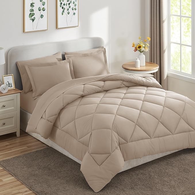 CozyLux Queen Comforter Set Wheat - Bed in a Bag Queen Size 7 Pieces, Luxury Soft Bed Set for All Seasons, Bedding Set with Down Alternative Comforter, Sheets, Pillowcases & Shams