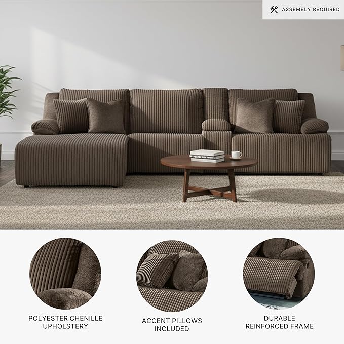 Signature Design by Ashley Top Tier Casual Manual Left-Arm Facing 4-Piece Reclining Sectional with Chaise, Console, Storage, 2 Cup Holders and 4 Accent Pillows, Dark Brown