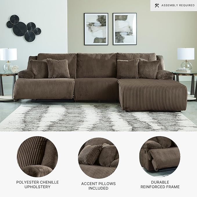 Signature Design by Ashley Top Tier Casual Manual Reclining Right-Arm Facing 3-Piece Sofa Chaise Sectional with 4 Accent Pillows, Dark Brown