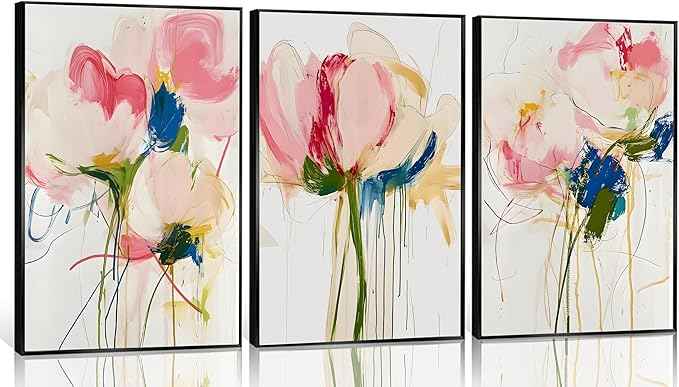 3PCS Colorful Abstract Line Floral Canvas Wall art Botanical Floral Line Posters Print Modern Minimalist Flower Pictures Wall Decoration for Girls' Room Bedroom Living room Unframed