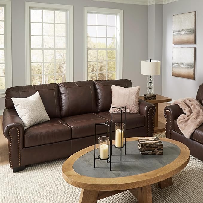 Signature Design by Ashley Colleton Classic Leather Match Sofa with Nailheads, Dark Brown