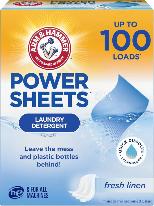 Arm & Hammer Power Sheets Laundry Detergent, Fresh Linen 50ct, up to 100 Small Loads (Packaging may vary)