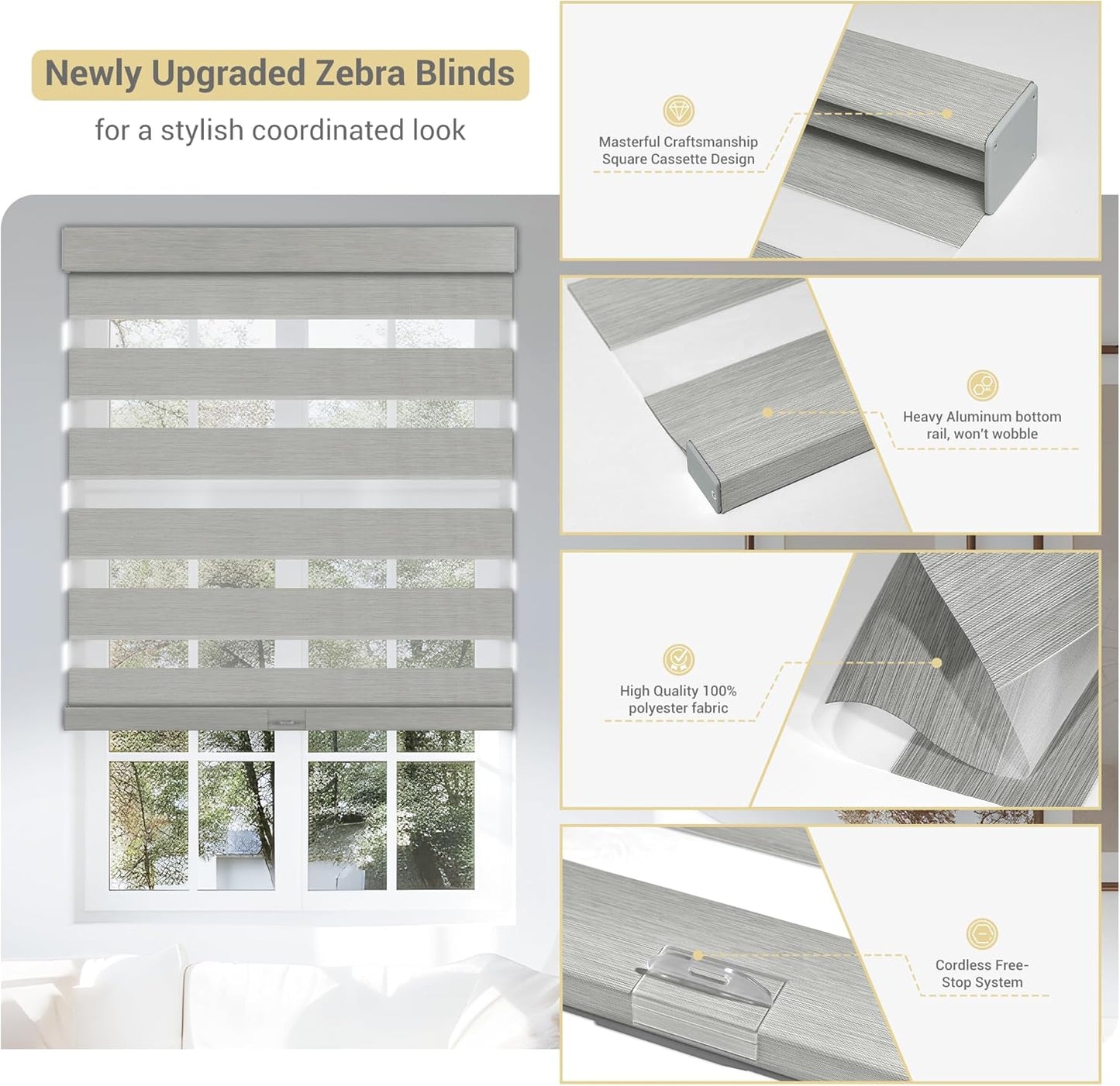 Cordless Zebra Blinds for Windows, Blackout Interior Blinds,Easy to Install,UV Protection,for Offices and Home,Custom Roller Shades, Mousse Light Grey,65" W x 48" H