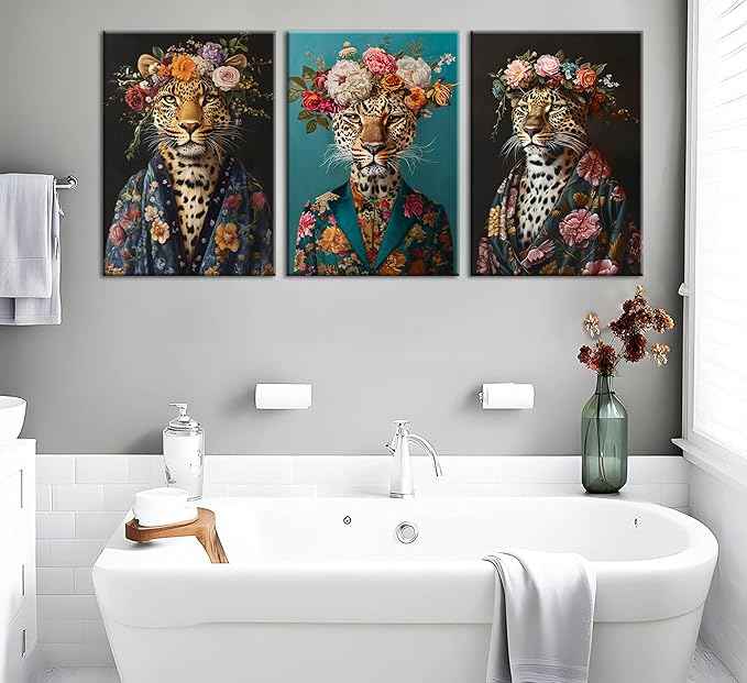 Bathroom Leopard In a Bathrobe Wall Art Maximalist Eclectic Cheetah Posters Pictures Animals And Flowers Canvas Prints Funky Animals Painting Wall Decor y2k Aesthetic Room Decoration Framed