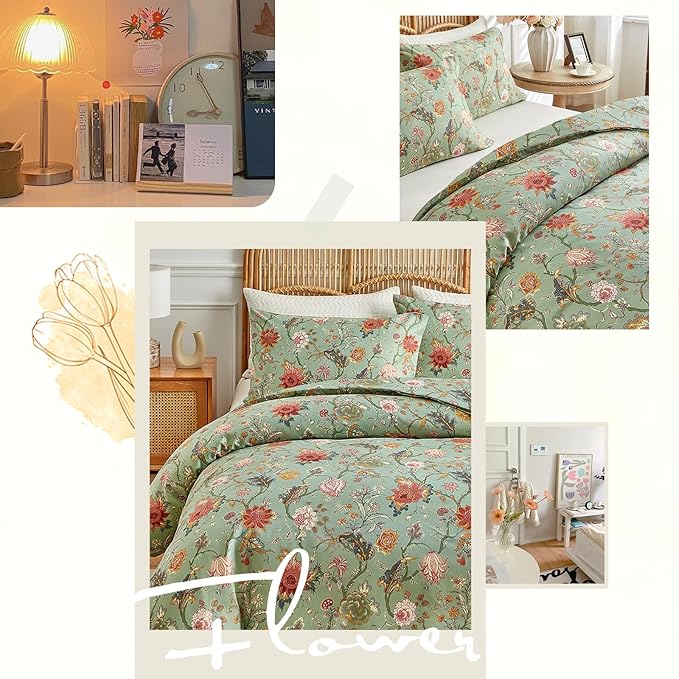 LifeTB Queen Comforter Set Boho Vintage Green Floral Comforter Bohemian Flower Vines Botanical Comforter with 2 Pillowcases Fluffy Soft Microfiber Farmhouse Floral Bedding Comforter Set Queen Size