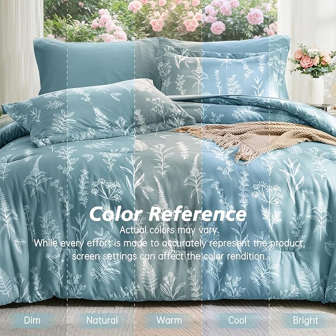 MUXHOMO Blue Bed in a Bag Queen 7 Pieces, Queen Comforter Set Reversible Botanical Flowers Design, Ultra Soft & Breathable Bedding Sets with Comforter, Sheets, Pillowcases & Shams