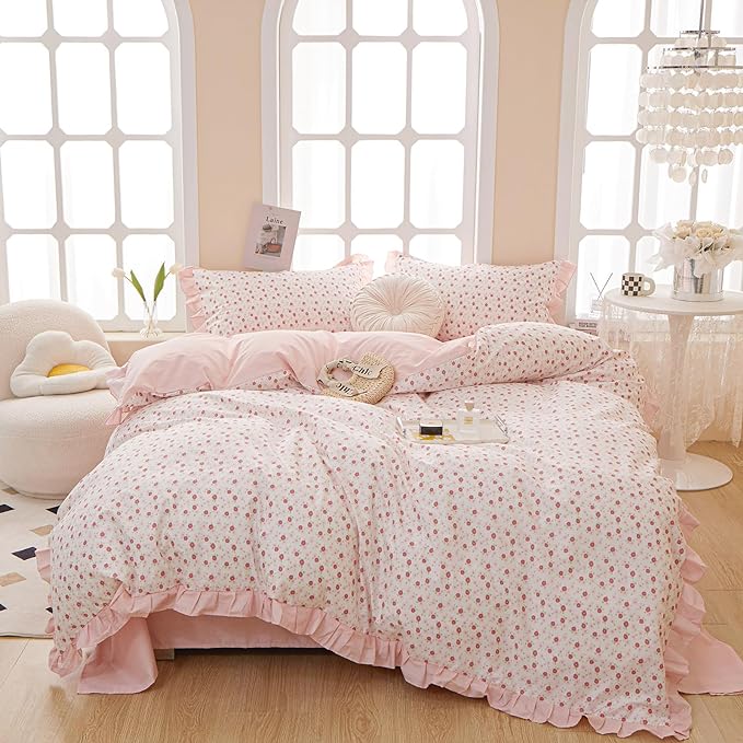 Pink Floral Comforter Set Full Romantic Ruffle Comforter with 2 Pillowcases Vintage Botanical Flowers Comforter Set for Girls Women Fluffy Soft Reversible Stripes Bedding Set with Lace for All Seasons