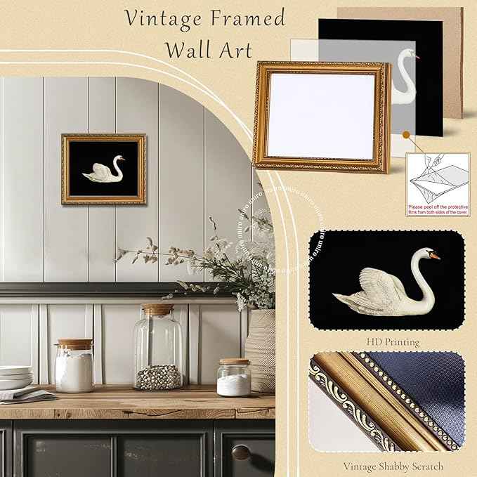 uniro Vintage Gold Framed Wall Art for Home Decor, Retro Swan Decor Animal Oil Painting Bathroom Wall Decor, Classic White Swan Vintage Art Prints, Minimalist Swan Aesthetic Picture for Nursery Bedroom Bathroom Office Desktop decor- 12x16Inch