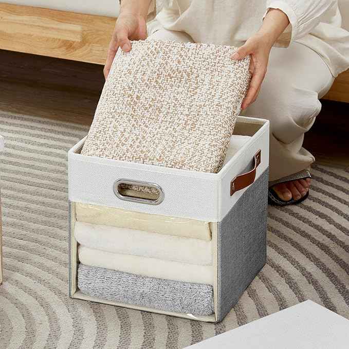 Fabric Storage Cubes with Clear Windows and Lids, 11'' Foldable Storage Bins with 3 Handles, Decorative Storage Boxes for Home, Bedroom, Closet, Office (Gray & White)