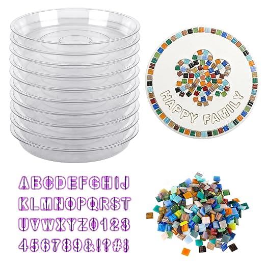 U0U 10PCS Stepping Stone Kit Includes Round Cement Molds, Mosaic Tiles and Carving Tools,DIY Garden Stepping Stone kit for Kids,Family,Outdoor Walkways Pavement Decoration (Transparent, 10inch)