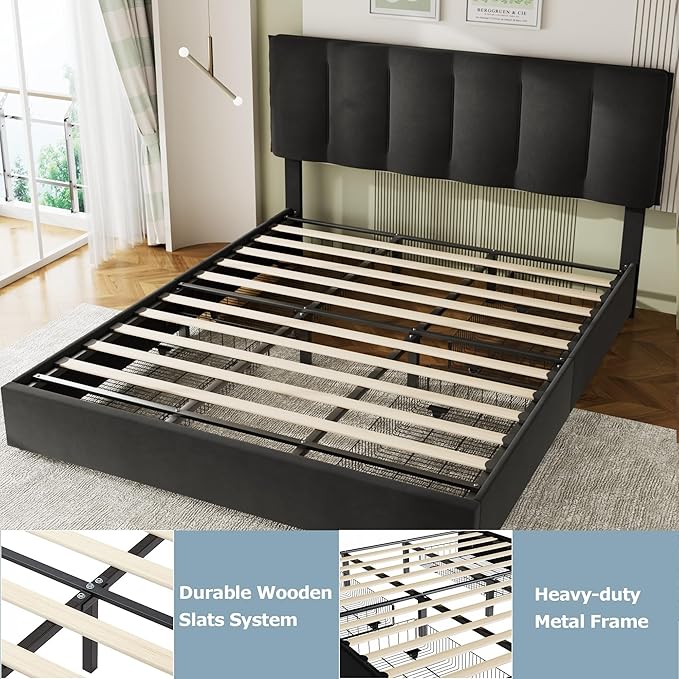 VECELO King Size Bed Frame with 4 Storage Drawers, Adjustable Height Headboard, Heavy-Duty Bedframe with Strong Wooden Slats, No Box Spring Needed, Black