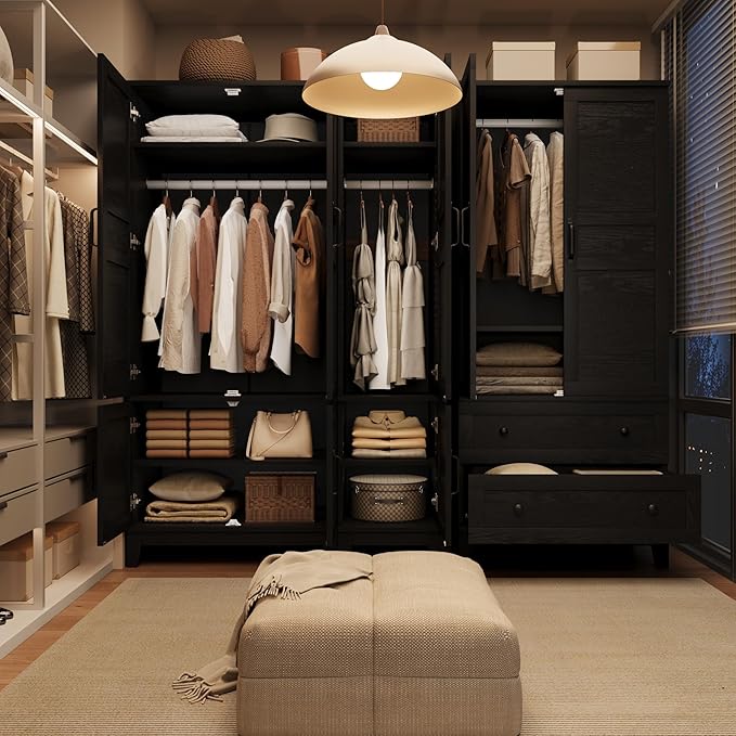 GarveeHome Armoire Wardrobe Closet with 2 Drawers,72 in Wooden Wardrobe Cabinet with Hanging Rod, Tall Clothing Armoire Cabinet with Doors and 18 Adjustable Shelves for Bedroom, Clothes, Black