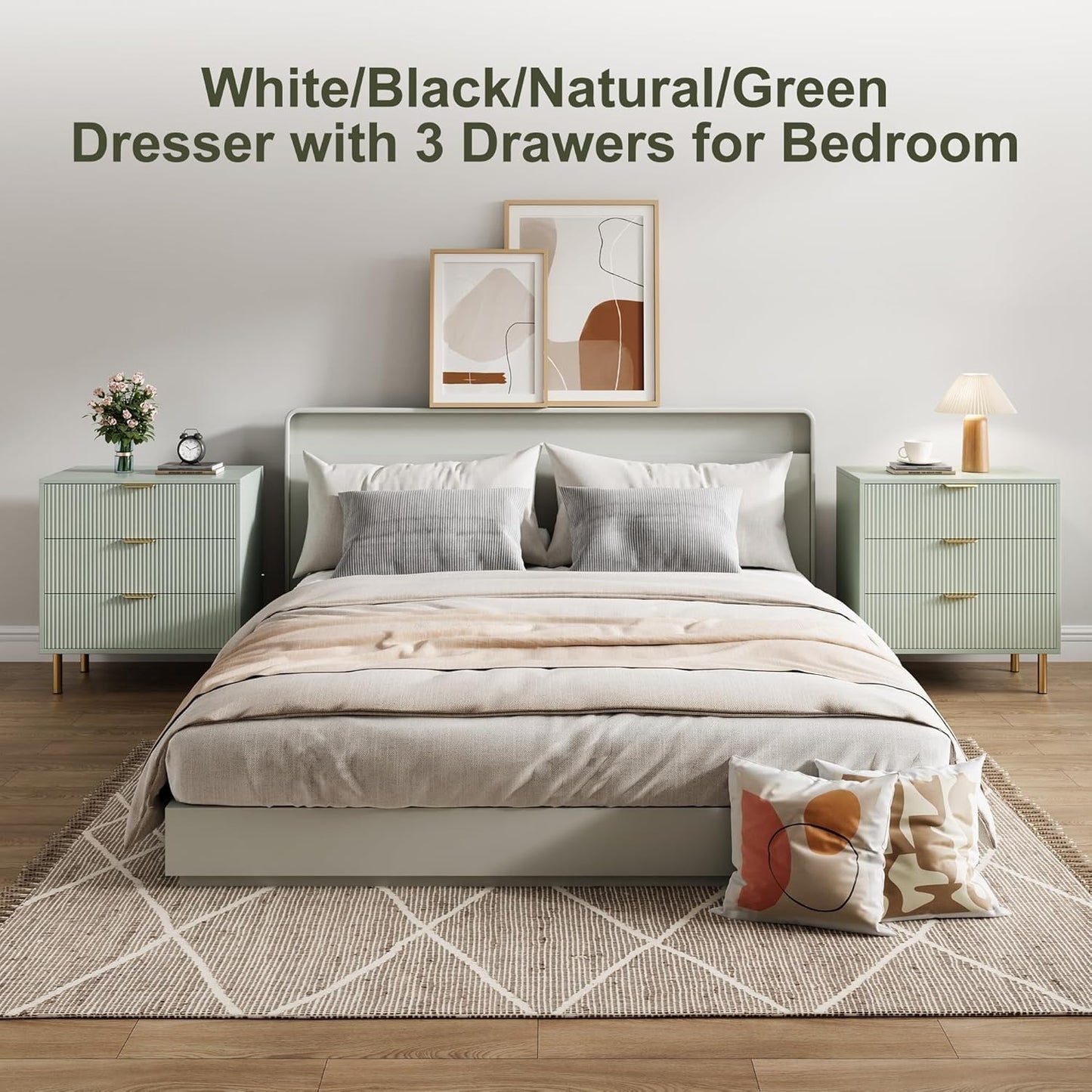 GAOMON 3 Drawer Dresser, Wood Chest of Drawers Organizer Storage with Gold Handle, Small Storage Cabinet, Modern Design Dresser for Bedroom, Living Room, Closet, Hallway, Entryway, Green