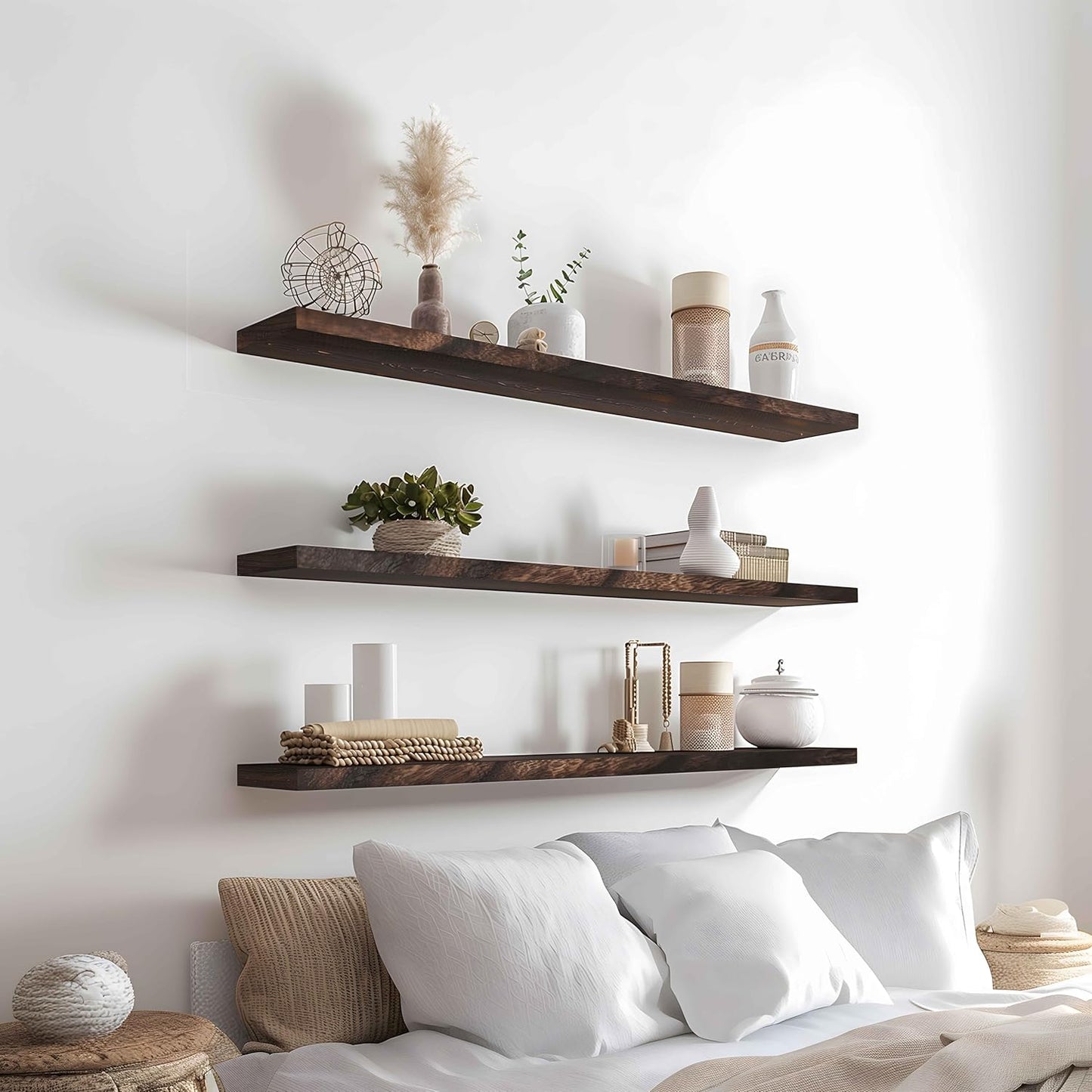 Wood Floating Shelves for Wall Decor, Rustic Wall Shelves for Bedroom Bathroom Kitchen Living Room, Set of 4 Walnut 36 Inch - Décor Diaries