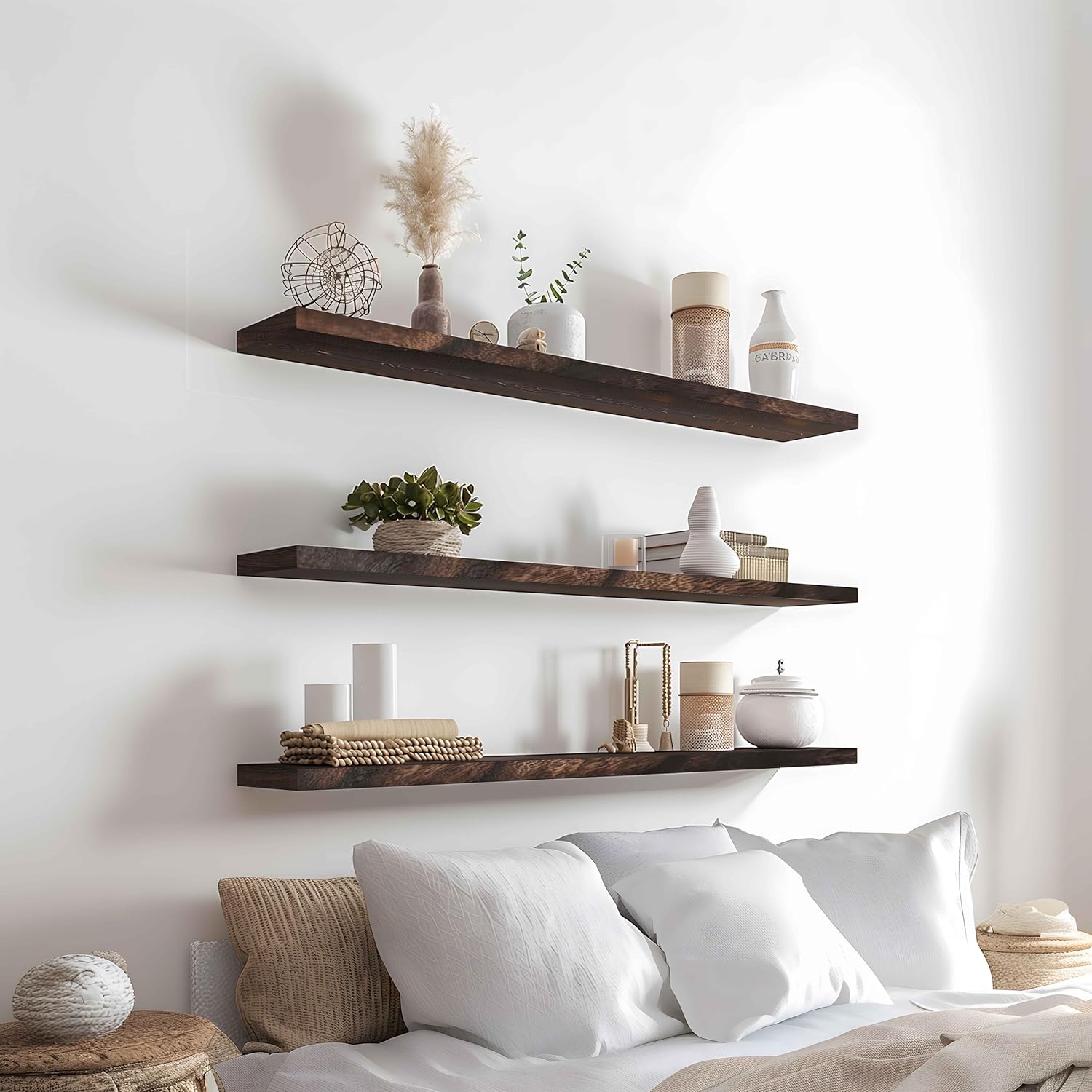 Wood Floating Shelves for Wall Decor, Rustic Wall Shelves for Bedroom Bathroom Kitchen Living Room, Set of 4 Walnut 36 Inch - Décor Diaries