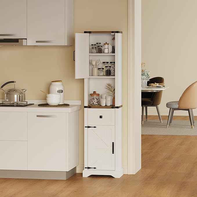 Vabches 66" Tall Farmhouse Bathroom Storage Cabinet with Barn Doors and Drawer, Narrow Storage Unit, Adjustable Shelves & 5-Tier Space, Freestanding Cabinet for Bathroom, Living Room, Kitchen