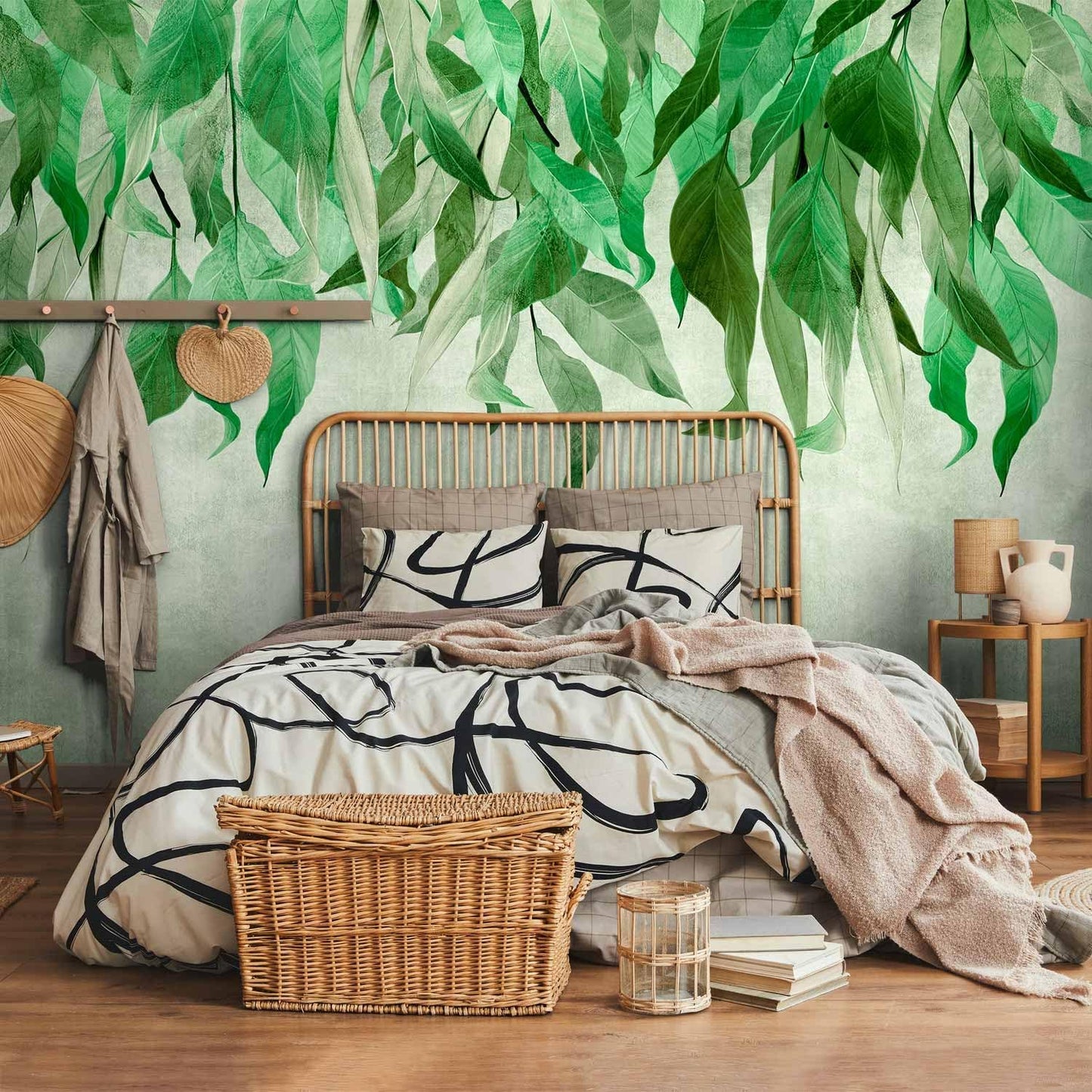 artgeist Premium Wall Mural Hanging Leaves 177x124 in - Non-Woven Wallpaper Fleece Wall Decor Photo Print Picture Image Design Nature Botanical Concrete Green Like Painted b-C-10146-a-a