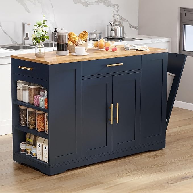 YITAHOME 53 inch Large Rolling Kitchen Island with Trash Can Storage Cabinet, Portable Mobile Islands Table Long Floating Movable w Wheels Cabinet for 13 Gallon Garbage Bin 2 Drawer, Navy Blue