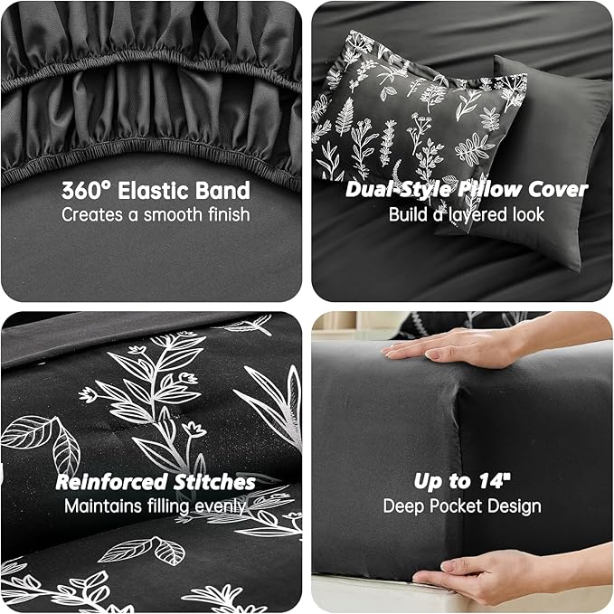 MUXHOMO Black Bed in a Bag Queen 7 Pieces, Queen Comforter Set Reversible Botanical Flowers Design, Ultra Soft & Breathable Bedding Sets with Comforter, Sheets, Pillowcases & Shams