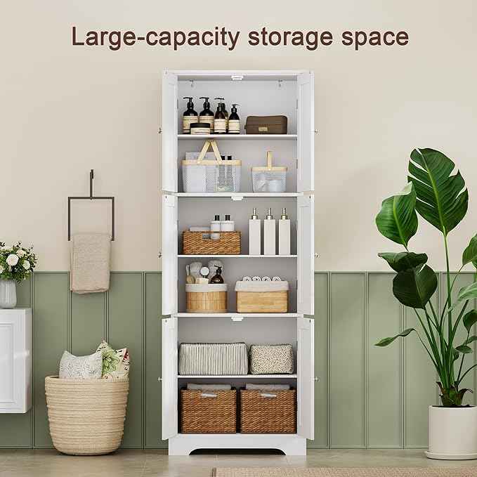 ChooChoo Tall Bathroom Storage Cabinet with 6 Doors, Freestanding Floor Cabinet with Adjustable Shelves, White Pantry Cabinet for Bathroom, Kitchen, Laundry Room