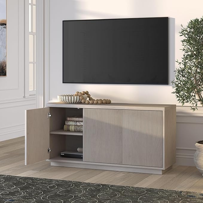 Henn&Hart Fluted TV Stand for TVs up to 55" with 3 Swing Out Ribbed Doors and Adjustable Shelves for Living Room, Family Room, or Office, Beech White