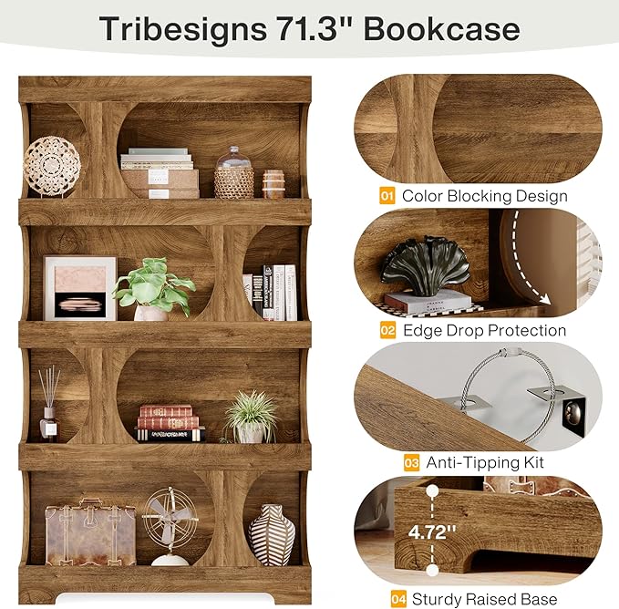 Tribesigns 71" Tall Bookcase Set of 2, 4-Tier S-Shaped Bookshelf, Wood Decorative Storage Shelving, Modern Freestanding Display Shelves, Large Library Bookshelf Unit for Home Office Living Room, Brown